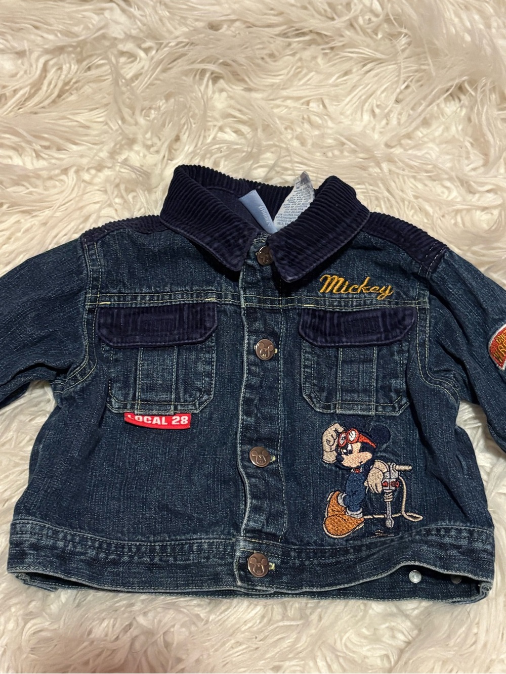 Vintage Walt Disney Mickey Mouse Denim Jacket Corduroy 12M Wrecking Crew Y2K